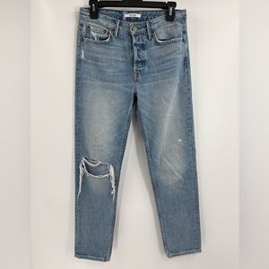 GRLFRND Revolve Kiara Tripped Up Ankle distress knee Cut blue Jeans size 28